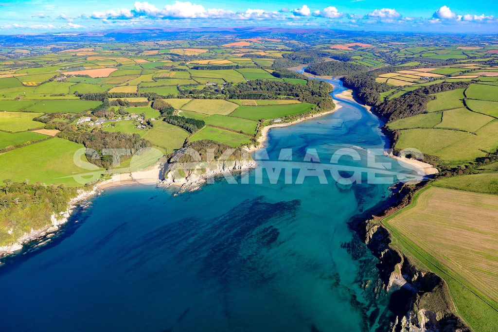 Aerial image of the entrance to the River Erme and the crossing points on the South West Coast Path.