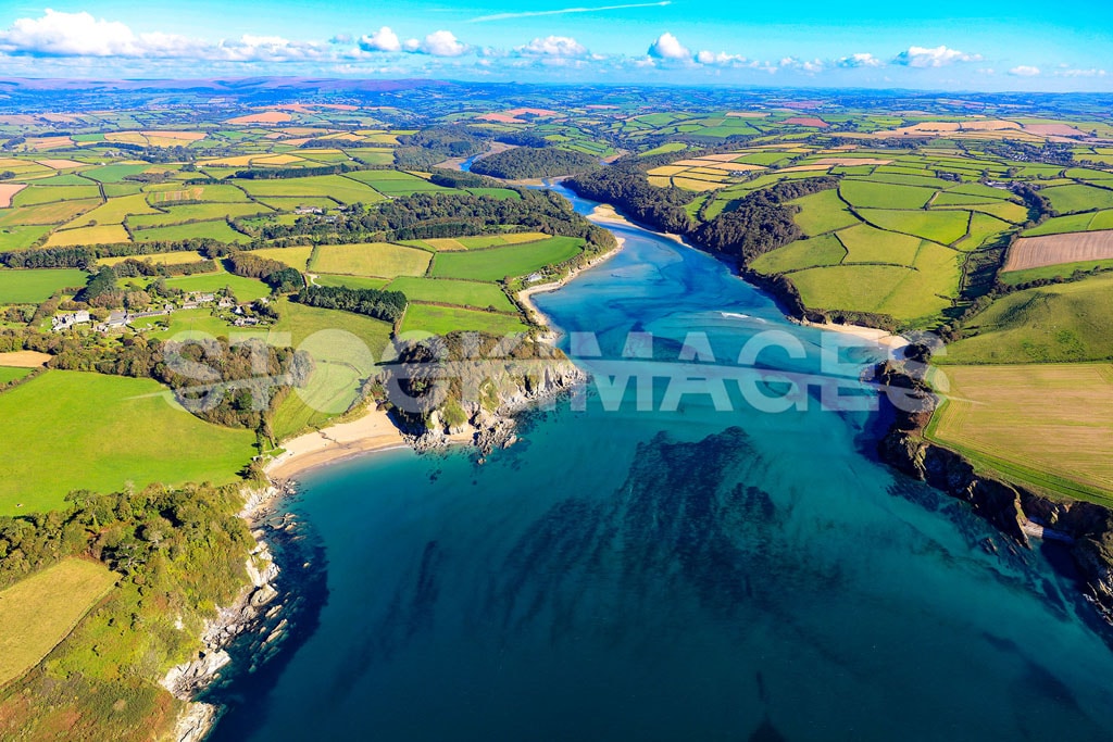 Aerial image of the entrance to the River Erme and the crossing points on the South West Coast Path.
