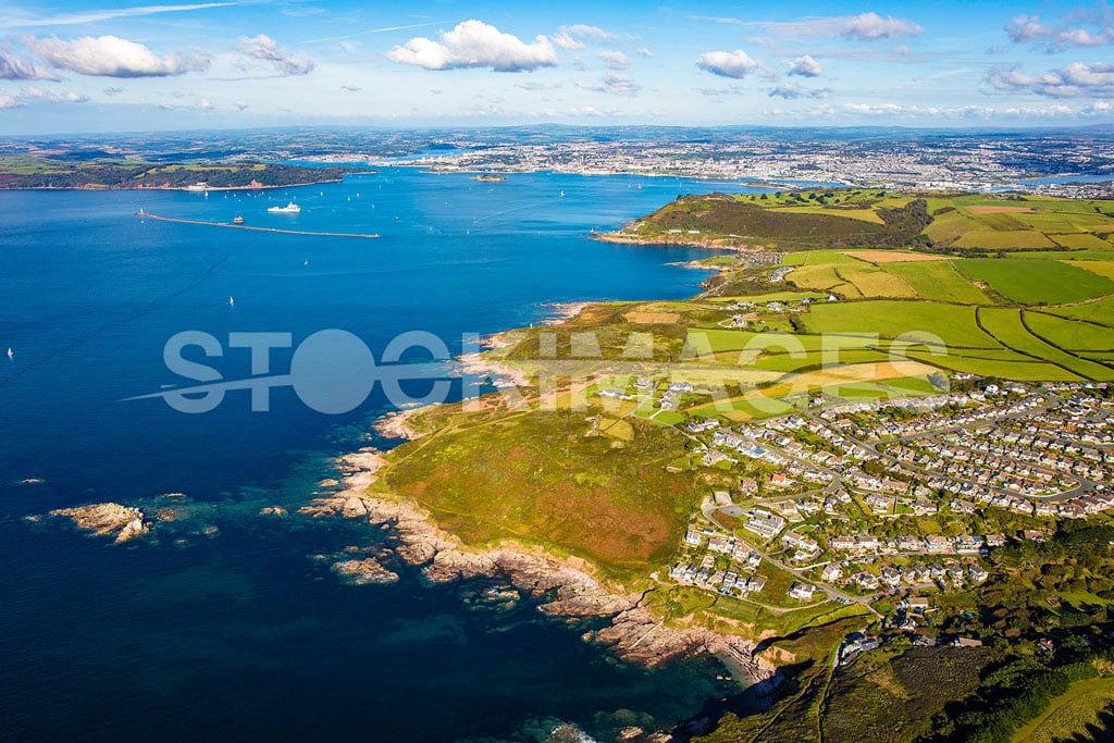Aerial image of Heybrook Bay, Plymouth, with Renny Point and Plymouth in the background.