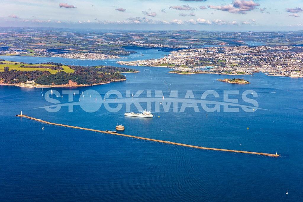Aerial image of North Westerly view looking at Plymouth Breakwater, Drakes Island and the Tamar Bridge in the distance.