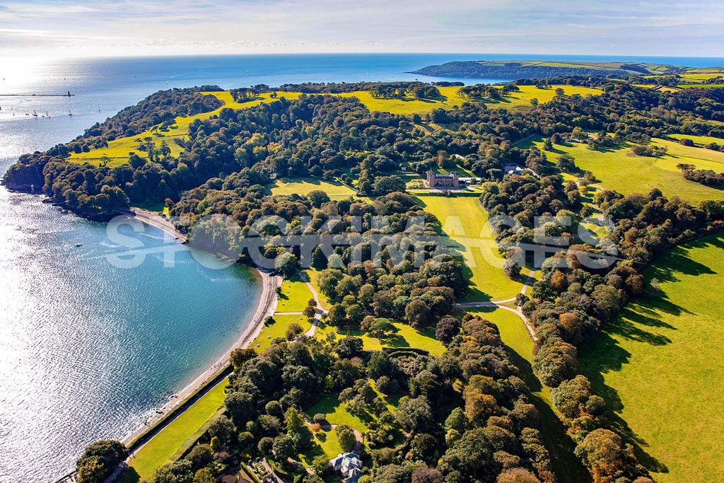 Aerial image of Moutnt Edgcumbe in its beautiful setting on the South Devon Coastline.