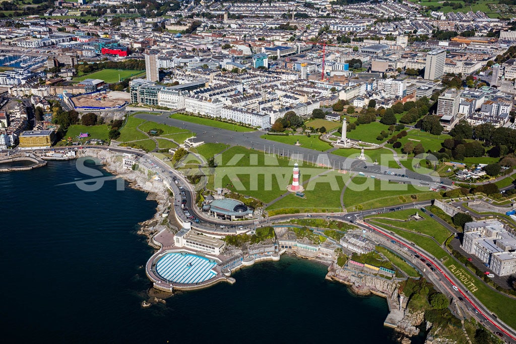 Aerial image of the Hoe at Plymouth, Devon, and the public green by the waterfront.