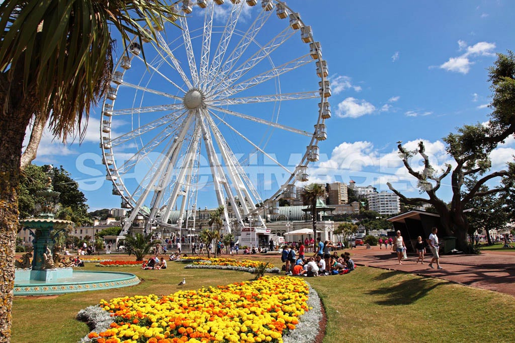 Summer visitors relax on the green vibrant with bright yellow and orange flowers next to the Ferris Wheel at Toquay, close to the waterfront of the English Riviera and the Torquay Marina.