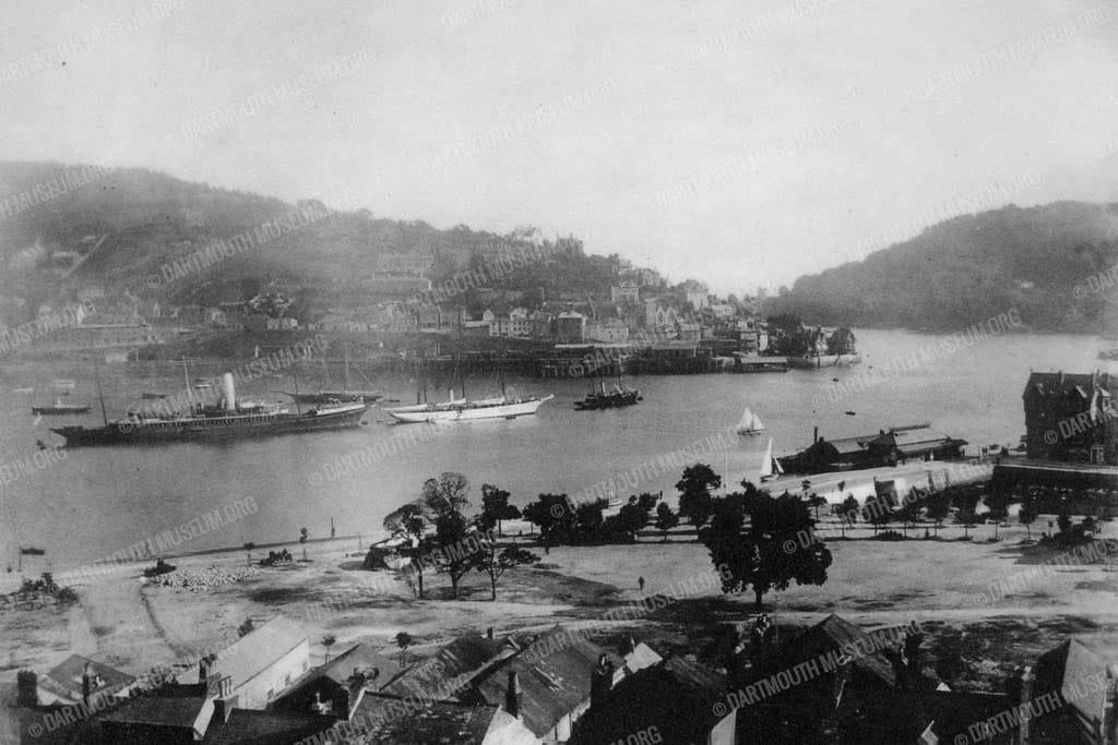 Historical photograph of a view of Dartmouth Town from Clarence Hill over the new South Embankment and Mayors Avenue, recently reclaimed from the River in 1885.
