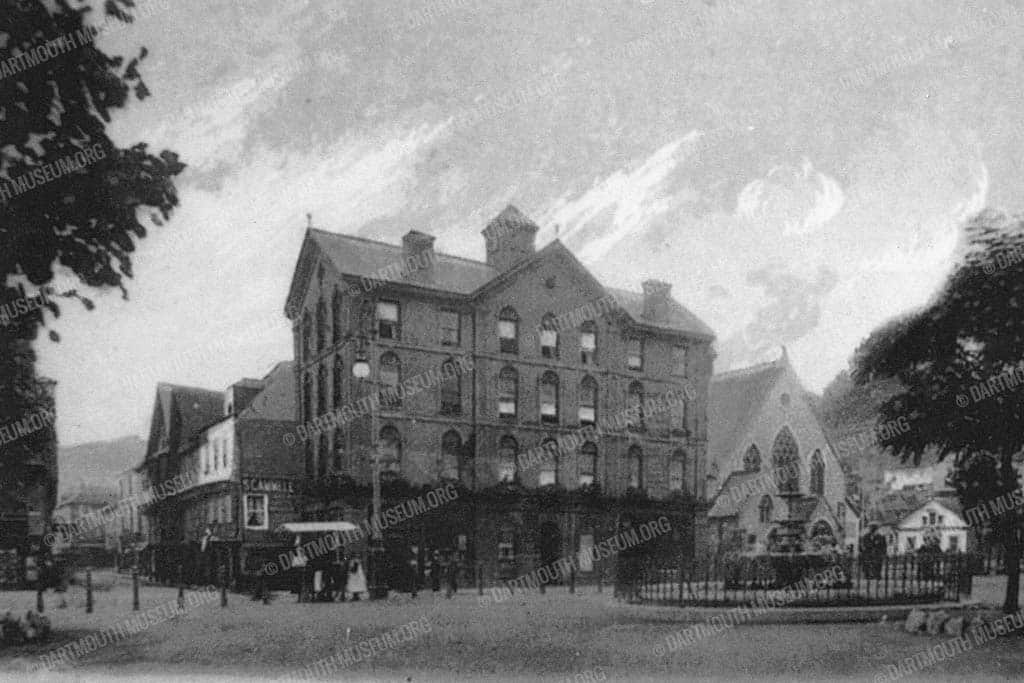 Historical photograph of Parade House in Dartmouth on the corner of Duke Street, beside the Butterwalk in 1900.