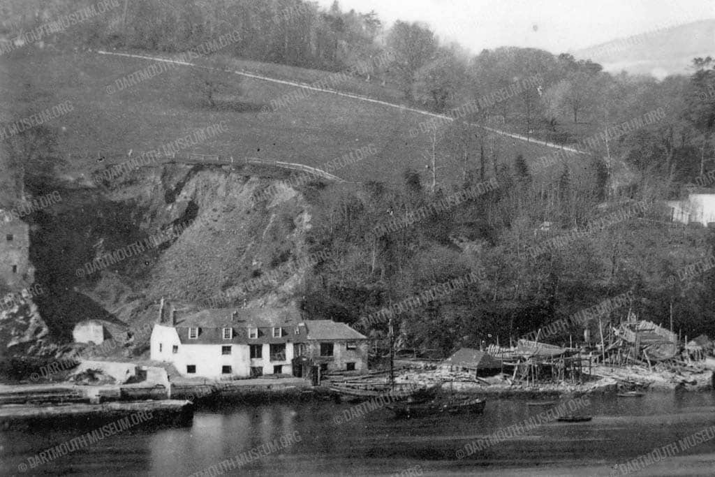 Historical photograph of Dartmouth's Boat Building Yard at Sandquay in 1860.