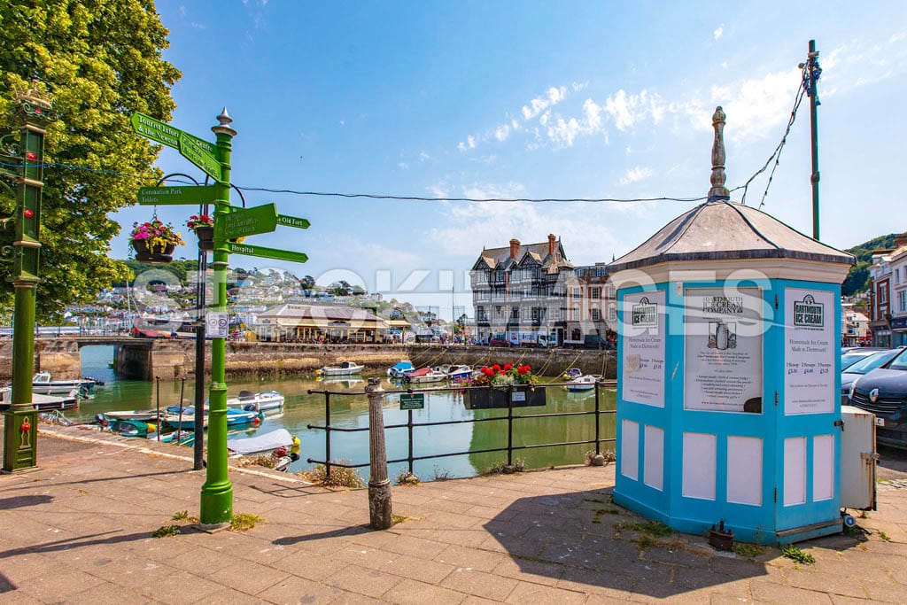 Image of the corner of the Quay outside Dartmouth's Royal Avenue Gardens, looking at the ice cream hut and Boat Float.