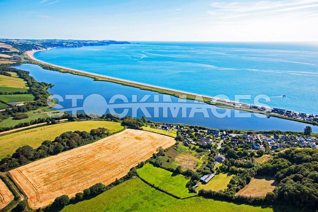 Aerial view over the Slapton Ley Nature Reserve near Torcross and looking out towards Dartmouth.